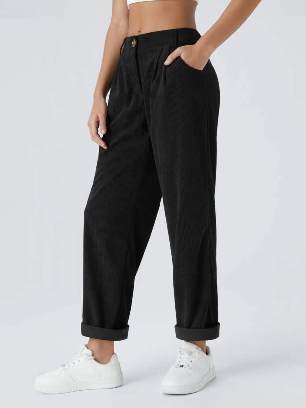 Halara Women's Lg Tall Black Mid Rise Zipper Pocket Corduroy Casual Pants 50%off